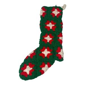 Vintage 1970s Green and Red Handmade Crochet Holiday Stocking